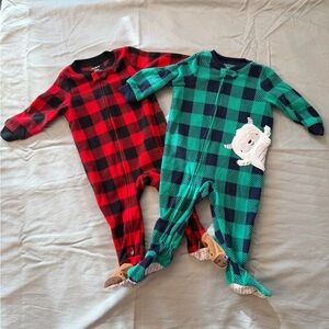 12 month set of 2 Carter's Red and Green Plaid Footies with Bear Patch